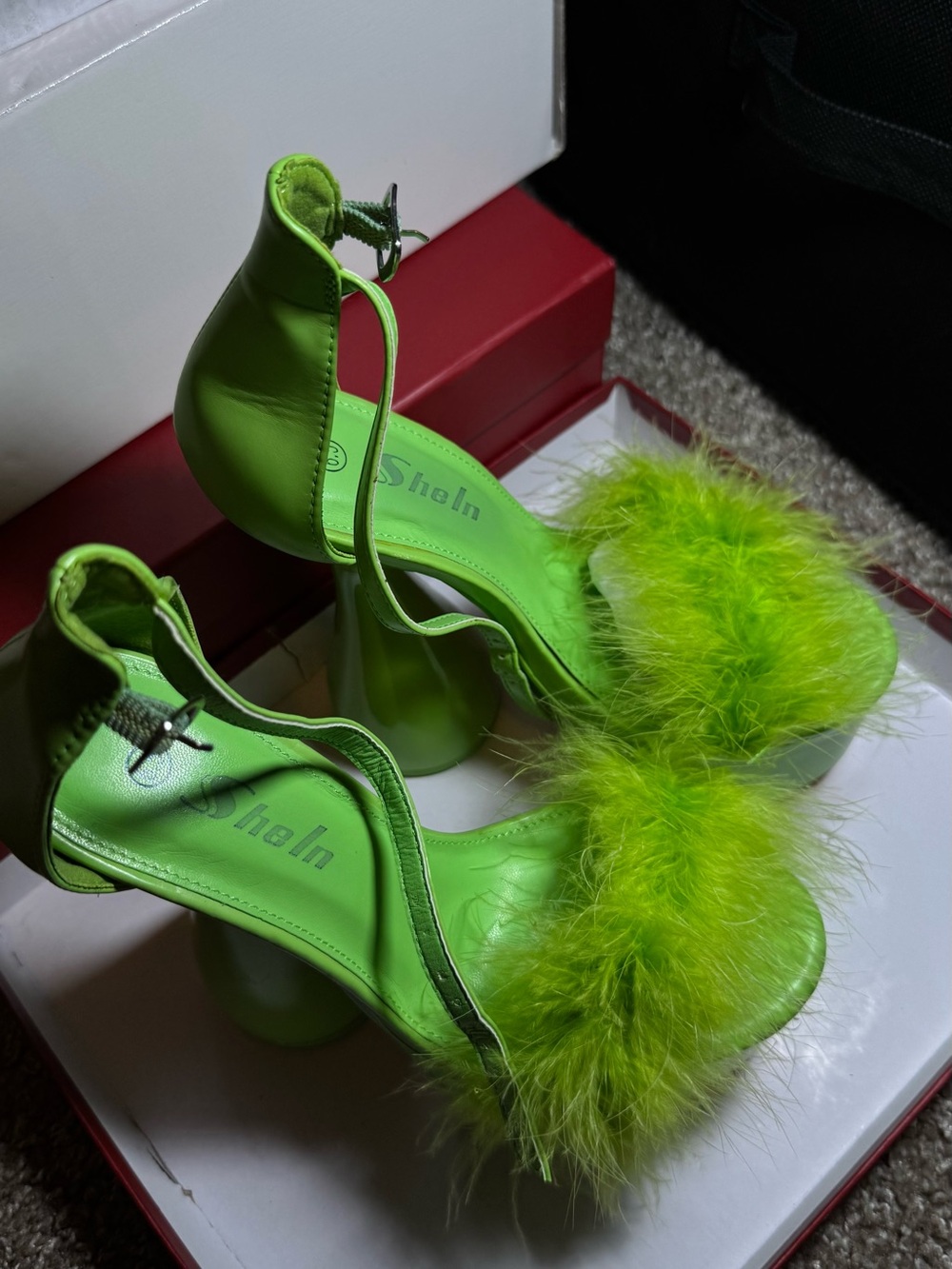 Neon Green Feather Ankle-Strap Heels by Shein